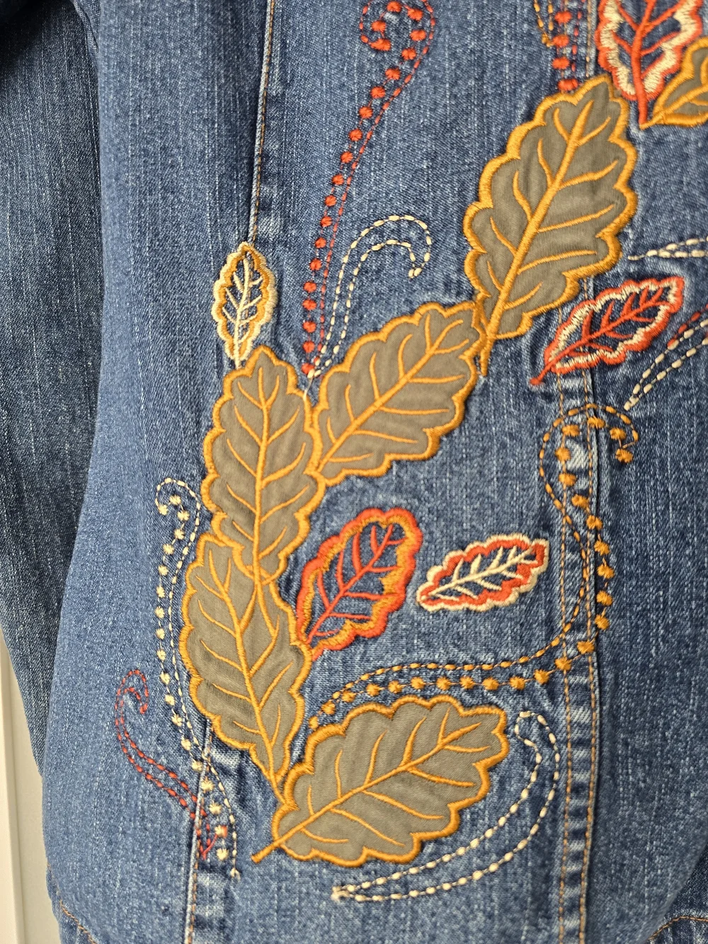 Embroidered Blue Denim Jacket with Fall Leaf Motif - Picture 12 of 17